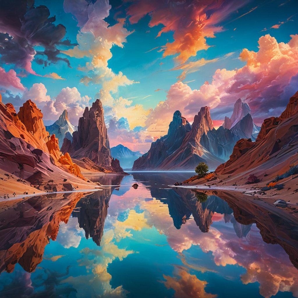 A surreal landscape reflecting a calm, distorted lake that symbolizes self-exploration. On one side, a figure gazing at their reflection, adorned with vibrant, whimsical elements representing illusion. Ethereal clouds and dreamlike colors add depth, blurring the boundaries between reality and mirage. Surround with abstract shapes illustrating thoughts and emotions swirling around. super-realistic. vibrant colors. dreamlike atmosphere.