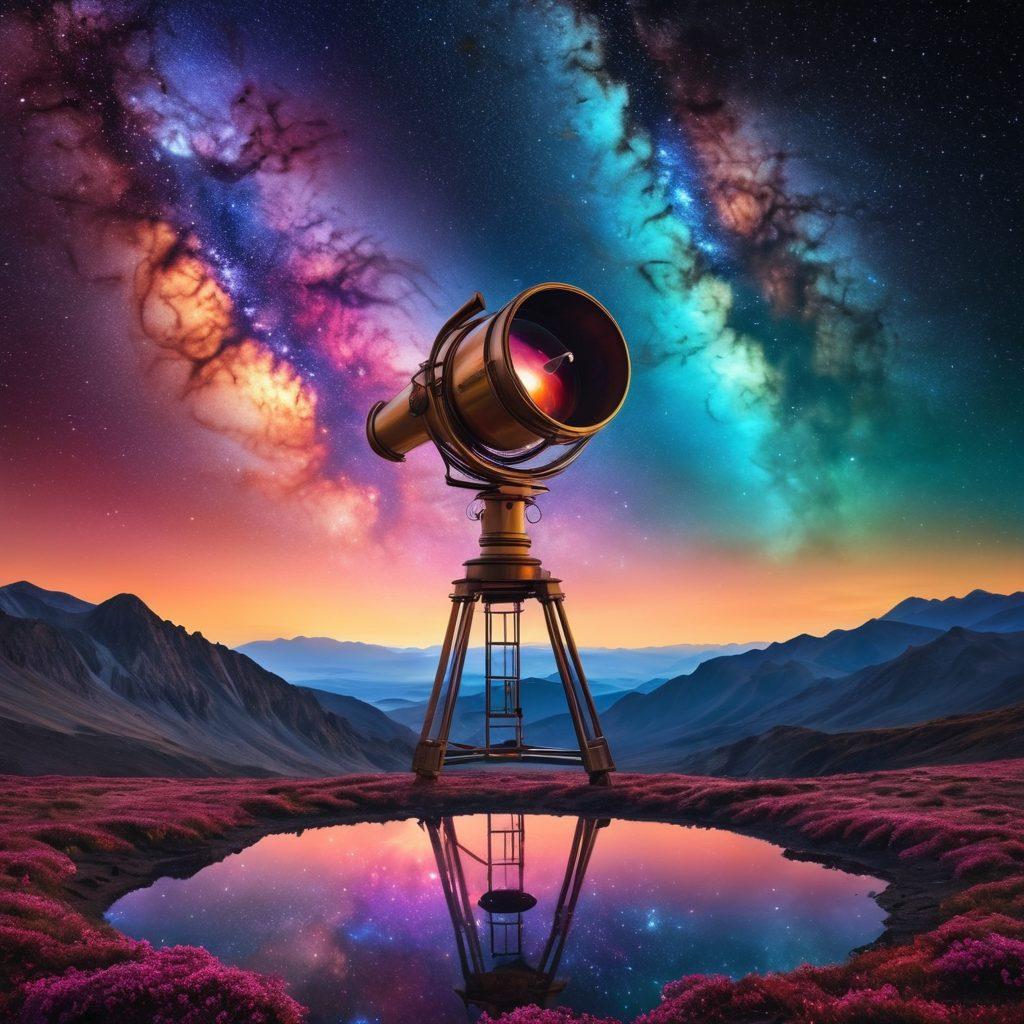 A surreal landscape depicting a giant, ornate telescope pointed towards a starry sky filled with diverse, colorful nebulae representing different perspectives. In the foreground, a person gazes through the telescope, their silhouette blending with various vibrant thoughts and reflections emerging from the lens, symbolizing imagination shaping reality. The background features a dreamlike horizon fading into the cosmos. surrealism. vibrant colors. cosmic theme. 3D.