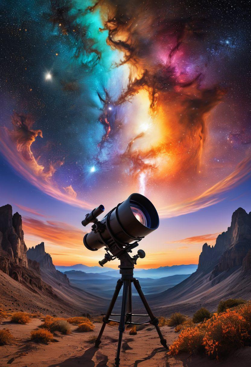 A surreal landscape showcasing a giant, imaginative telescope peering into a vibrant cosmos filled with swirling galaxies and colorful nebulae. The telescope is adorned with fantastical designs, and its lens reflects ethereal scenes of alternate realities emerging from the cosmos. In the foreground, a diverse group of dreamers and thinkers gazes in awe, their expressions filled with wonder. The setting sun casts a warm glow, enhancing the magical atmosphere. super-realistic. vibrant colors. ethereal details.
